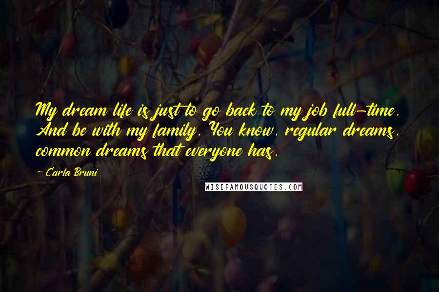 Carla Bruni Quotes: My dream life is just to go back to my job full-time. And be with my family. You know, regular dreams, common dreams that everyone has.