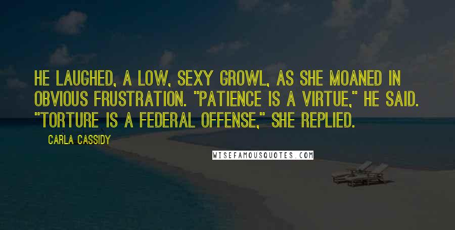 Carla Cassidy Quotes: He laughed, a low, sexy growl, as she moaned in obvious frustration. "Patience is a virtue," he said. "Torture is a federal offense," she replied.