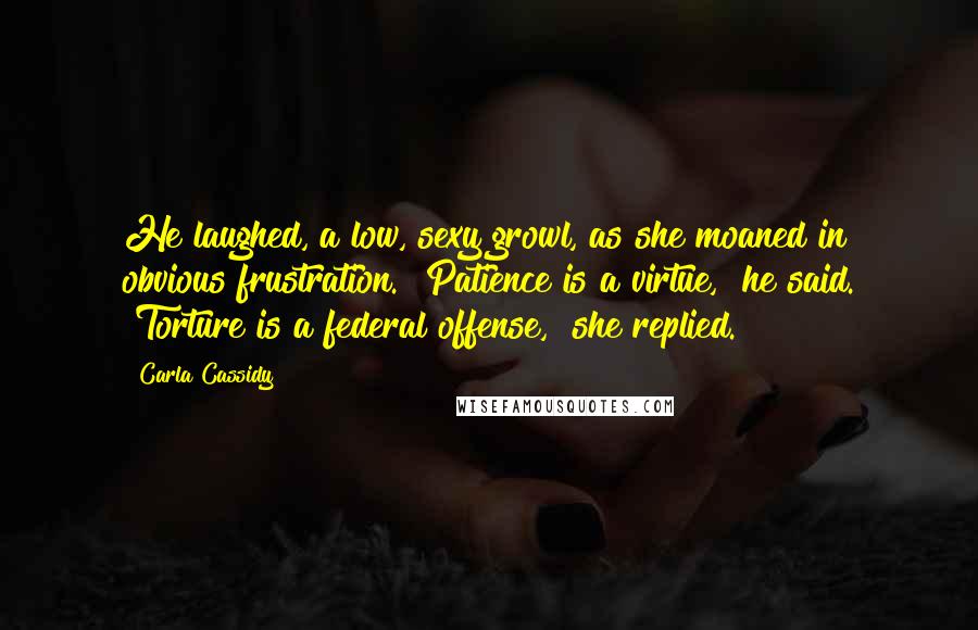 Carla Cassidy Quotes: He laughed, a low, sexy growl, as she moaned in obvious frustration. "Patience is a virtue," he said. "Torture is a federal offense," she replied.