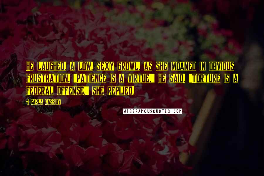 Carla Cassidy Quotes: He laughed, a low, sexy growl, as she moaned in obvious frustration. "Patience is a virtue," he said. "Torture is a federal offense," she replied.