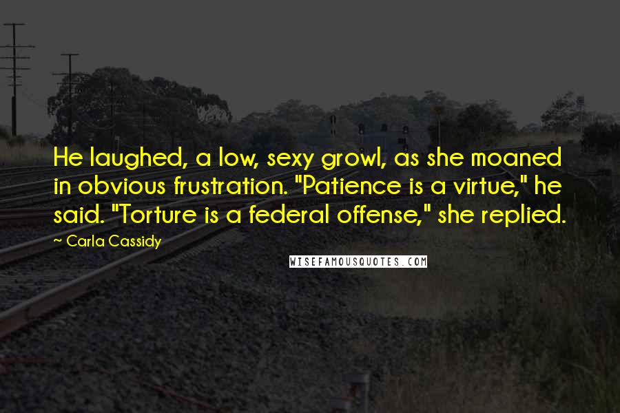 Carla Cassidy Quotes: He laughed, a low, sexy growl, as she moaned in obvious frustration. "Patience is a virtue," he said. "Torture is a federal offense," she replied.