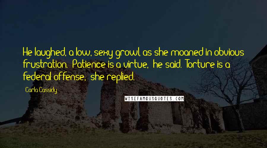 Carla Cassidy Quotes: He laughed, a low, sexy growl, as she moaned in obvious frustration. "Patience is a virtue," he said. "Torture is a federal offense," she replied.