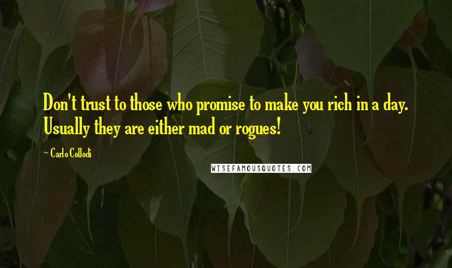 Carlo Collodi Quotes: Don't trust to those who promise to make you rich in a day. Usually they are either mad or rogues!