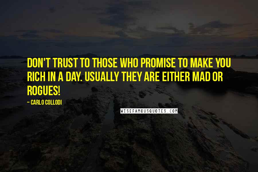 Carlo Collodi Quotes: Don't trust to those who promise to make you rich in a day. Usually they are either mad or rogues!