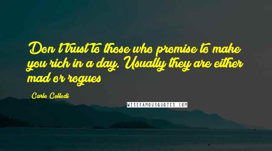 Carlo Collodi Quotes: Don't trust to those who promise to make you rich in a day. Usually they are either mad or rogues!