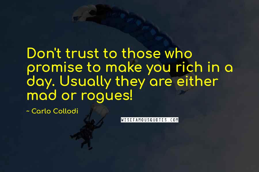 Carlo Collodi Quotes: Don't trust to those who promise to make you rich in a day. Usually they are either mad or rogues!