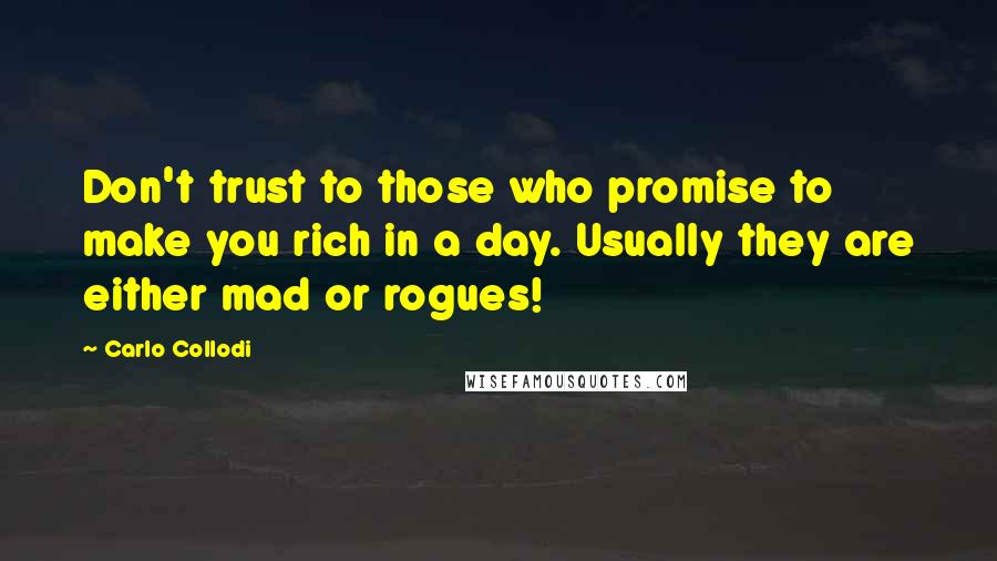 Carlo Collodi Quotes: Don't trust to those who promise to make you rich in a day. Usually they are either mad or rogues!