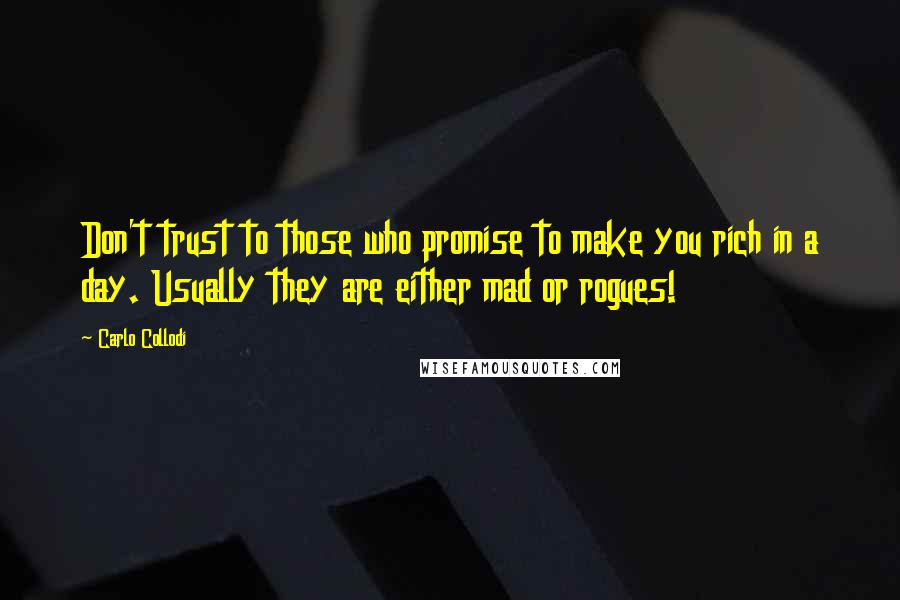 Carlo Collodi Quotes: Don't trust to those who promise to make you rich in a day. Usually they are either mad or rogues!