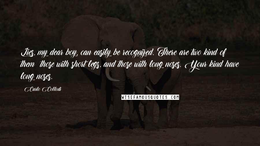 Carlo Collodi Quotes: Lies, my dear boy, can easily be recognized. There are two kind of them: those with short legs, and those with long noses. Your kind have long noses.