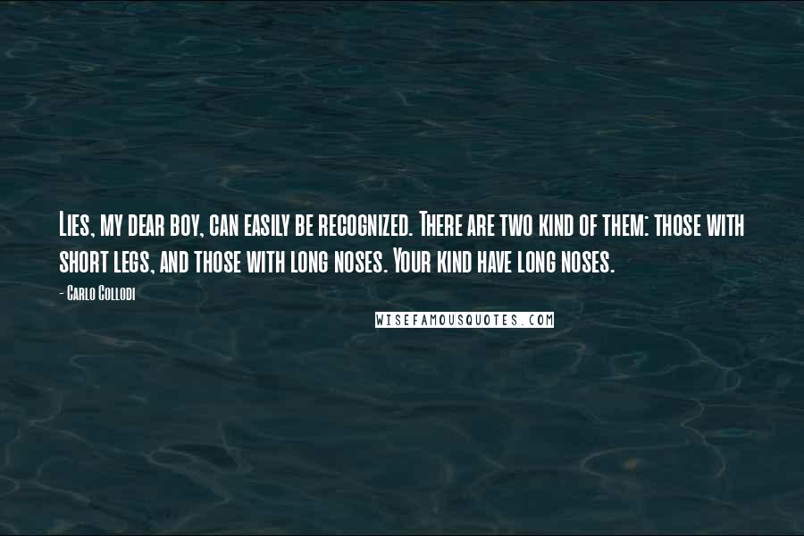 Carlo Collodi Quotes: Lies, my dear boy, can easily be recognized. There are two kind of them: those with short legs, and those with long noses. Your kind have long noses.