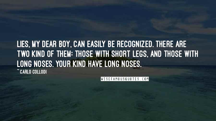 Carlo Collodi Quotes: Lies, my dear boy, can easily be recognized. There are two kind of them: those with short legs, and those with long noses. Your kind have long noses.