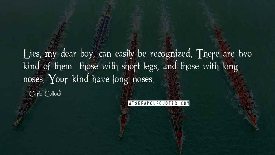 Carlo Collodi Quotes: Lies, my dear boy, can easily be recognized. There are two kind of them: those with short legs, and those with long noses. Your kind have long noses.