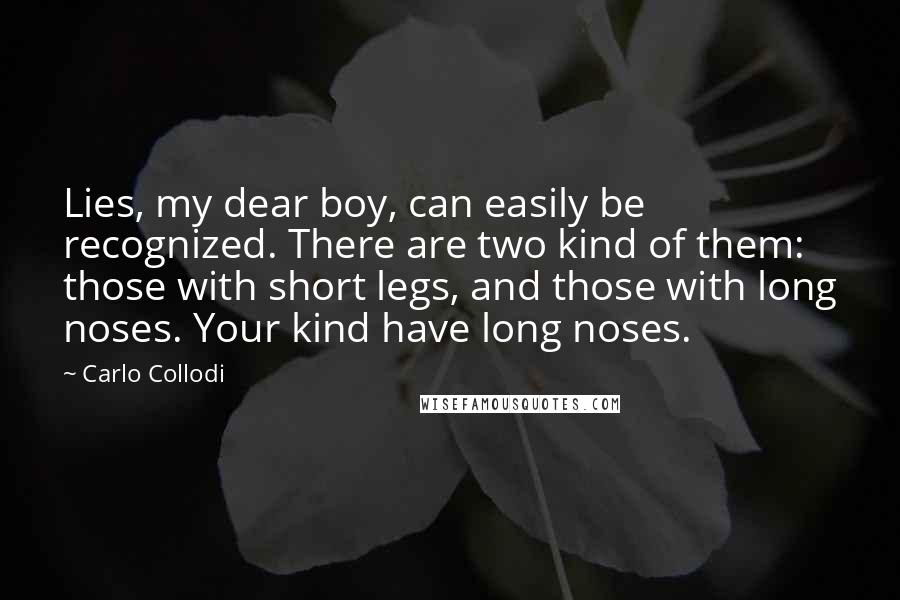 Carlo Collodi Quotes: Lies, my dear boy, can easily be recognized. There are two kind of them: those with short legs, and those with long noses. Your kind have long noses.