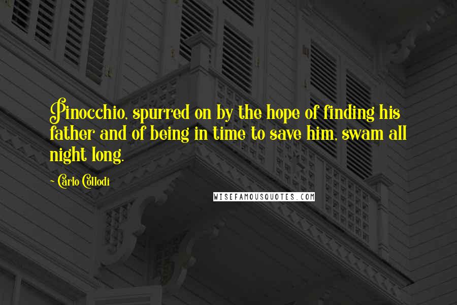 Carlo Collodi Quotes: Pinocchio, spurred on by the hope of finding his father and of being in time to save him, swam all night long.