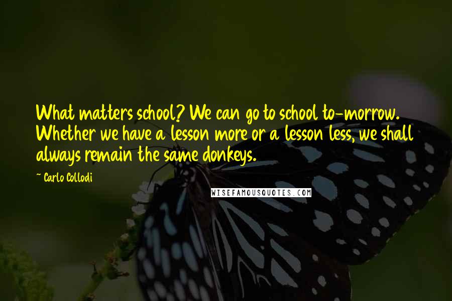 Carlo Collodi Quotes: What matters school? We can go to school to-morrow. Whether we have a lesson more or a lesson less, we shall always remain the same donkeys.