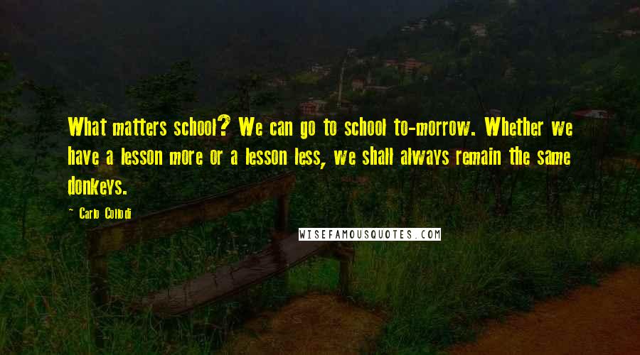 Carlo Collodi Quotes: What matters school? We can go to school to-morrow. Whether we have a lesson more or a lesson less, we shall always remain the same donkeys.