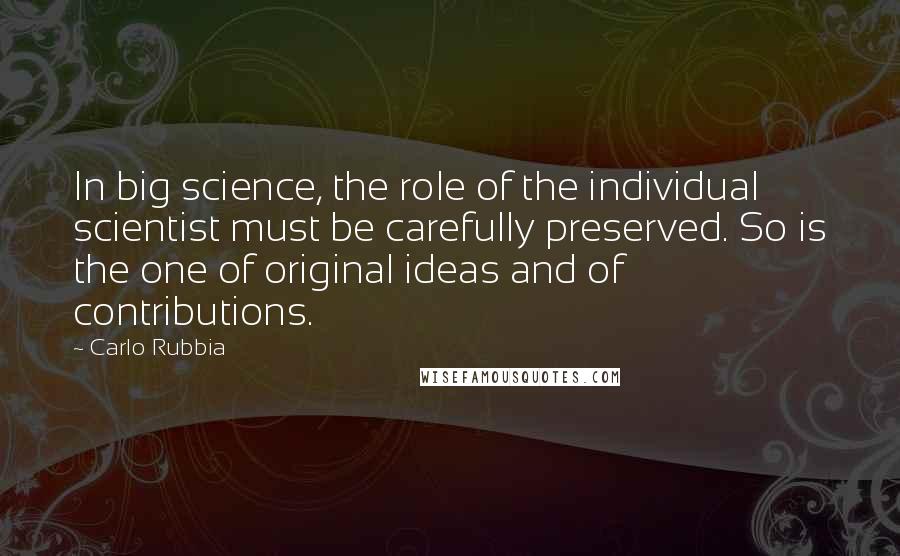 Carlo Rubbia Quotes: In big science, the role of the individual scientist must be carefully preserved. So is the one of original ideas and of contributions.