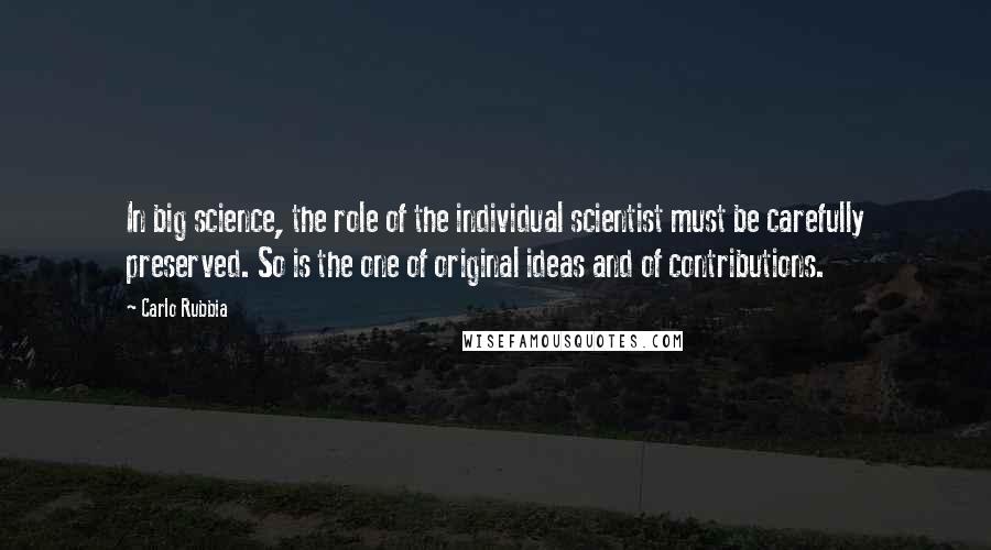 Carlo Rubbia Quotes: In big science, the role of the individual scientist must be carefully preserved. So is the one of original ideas and of contributions.