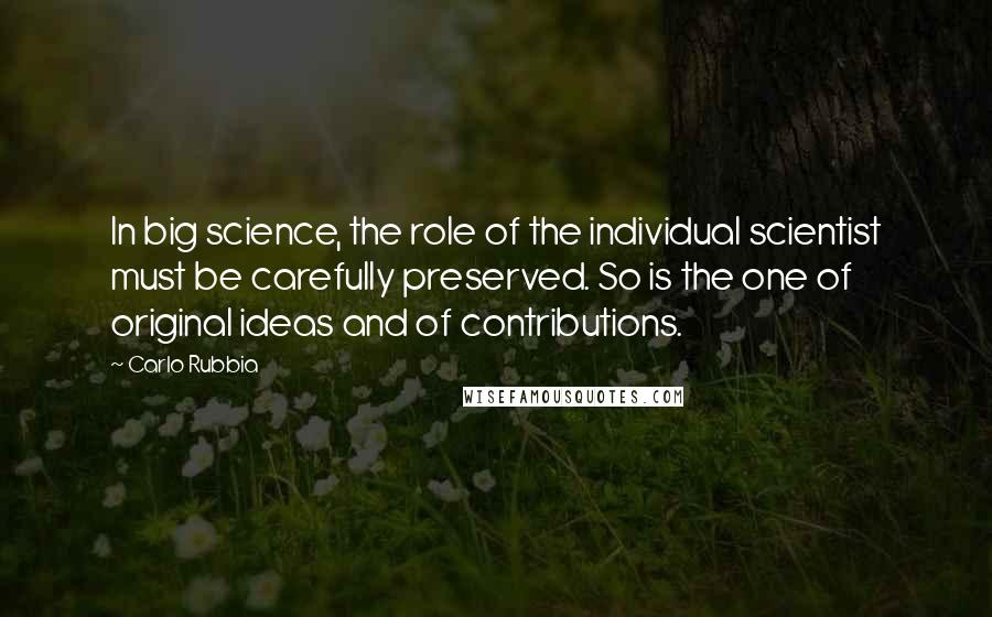 Carlo Rubbia Quotes: In big science, the role of the individual scientist must be carefully preserved. So is the one of original ideas and of contributions.