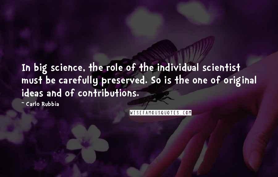 Carlo Rubbia Quotes: In big science, the role of the individual scientist must be carefully preserved. So is the one of original ideas and of contributions.