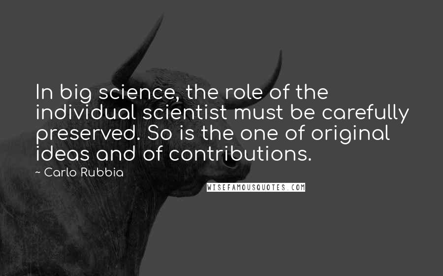 Carlo Rubbia Quotes: In big science, the role of the individual scientist must be carefully preserved. So is the one of original ideas and of contributions.