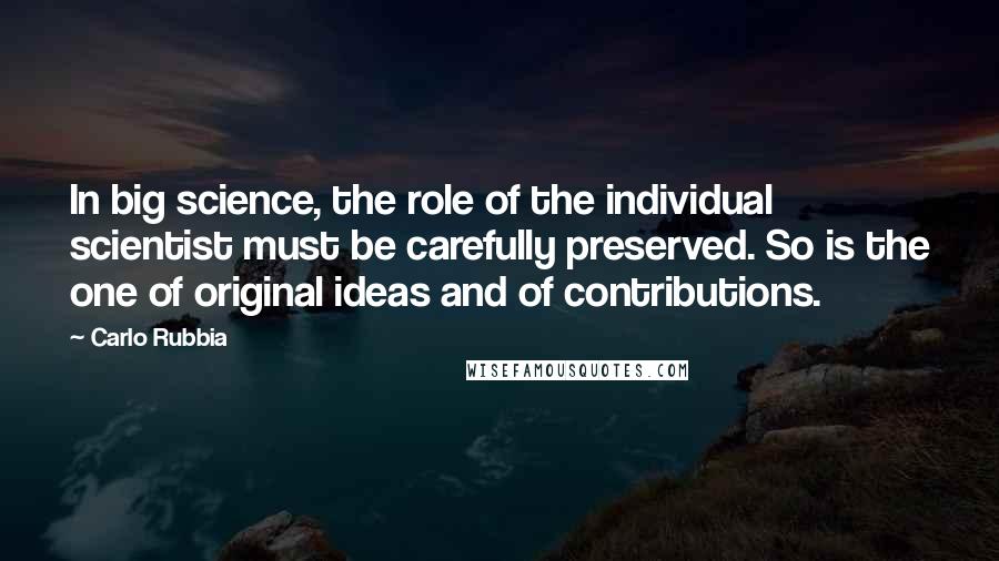 Carlo Rubbia Quotes: In big science, the role of the individual scientist must be carefully preserved. So is the one of original ideas and of contributions.