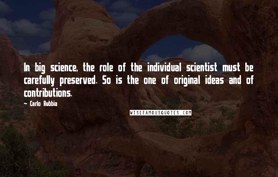 Carlo Rubbia Quotes: In big science, the role of the individual scientist must be carefully preserved. So is the one of original ideas and of contributions.