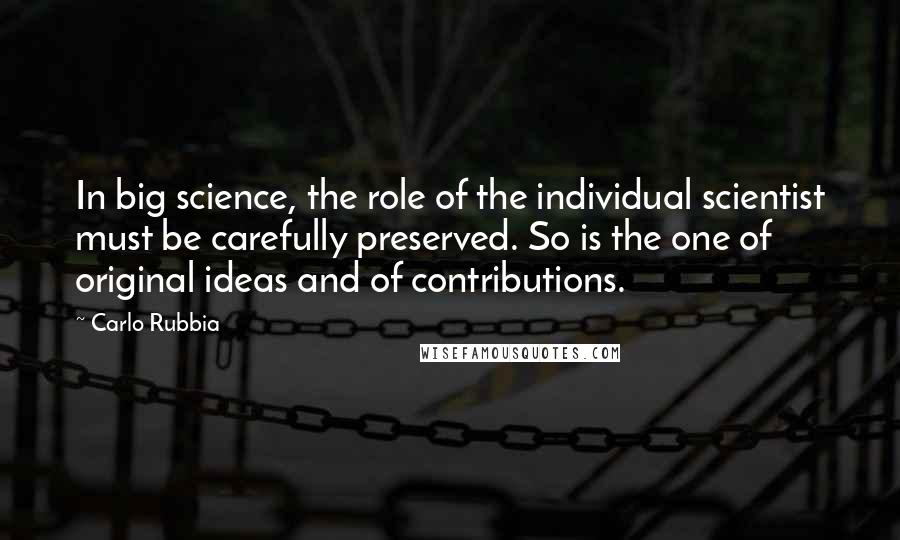 Carlo Rubbia Quotes: In big science, the role of the individual scientist must be carefully preserved. So is the one of original ideas and of contributions.