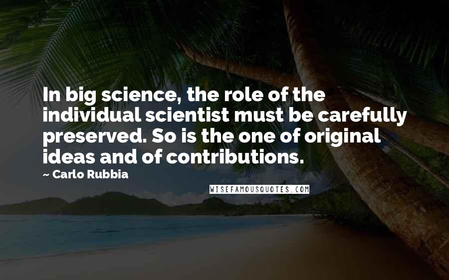 Carlo Rubbia Quotes: In big science, the role of the individual scientist must be carefully preserved. So is the one of original ideas and of contributions.