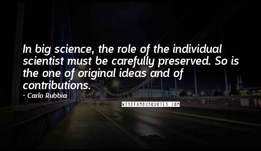 Carlo Rubbia Quotes: In big science, the role of the individual scientist must be carefully preserved. So is the one of original ideas and of contributions.