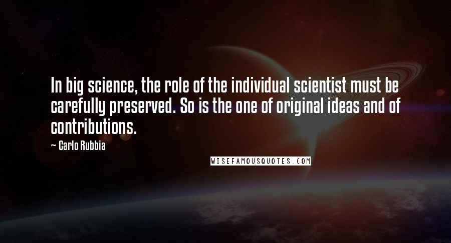 Carlo Rubbia Quotes: In big science, the role of the individual scientist must be carefully preserved. So is the one of original ideas and of contributions.