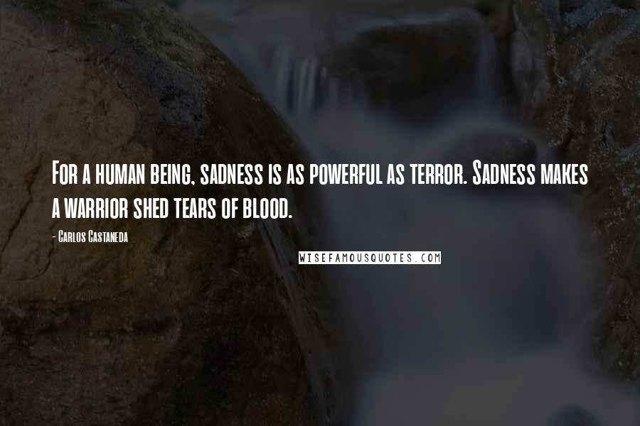 Carlos Castaneda Quotes: For a human being, sadness is as powerful as terror. Sadness makes a warrior shed tears of blood.