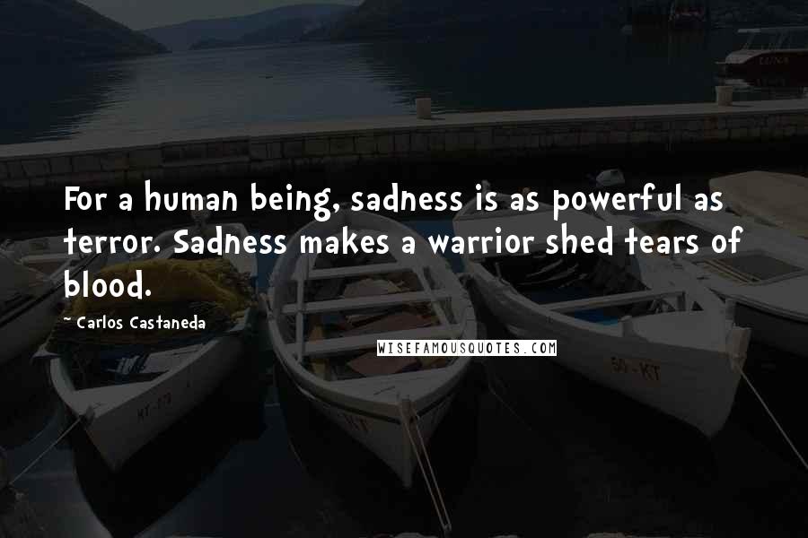 Carlos Castaneda Quotes: For a human being, sadness is as powerful as terror. Sadness makes a warrior shed tears of blood.