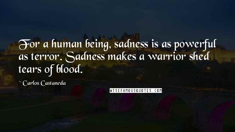 Carlos Castaneda Quotes: For a human being, sadness is as powerful as terror. Sadness makes a warrior shed tears of blood.