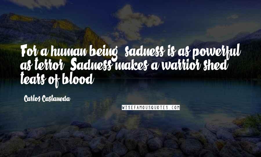 Carlos Castaneda Quotes: For a human being, sadness is as powerful as terror. Sadness makes a warrior shed tears of blood.