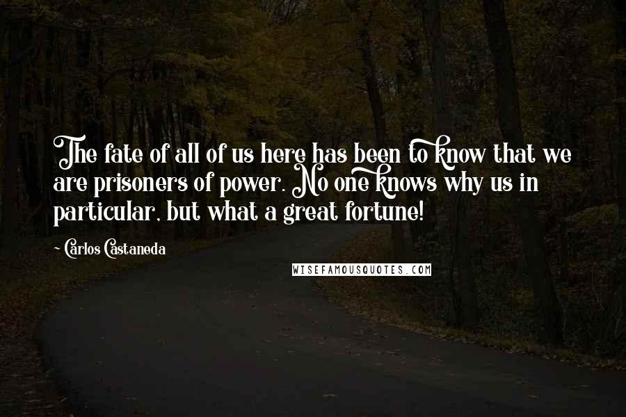 Carlos Castaneda Quotes: The fate of all of us here has been to know that we are prisoners of power. No one knows why us in particular, but what a great fortune!