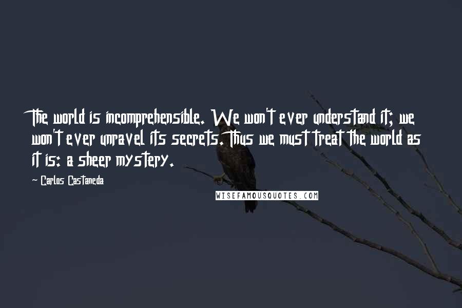 Carlos Castaneda Quotes: The world is incomprehensible. We won't ever understand it; we won't ever unravel its secrets. Thus we must treat the world as it is: a sheer mystery.