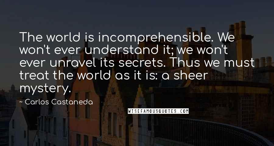 Carlos Castaneda Quotes: The world is incomprehensible. We won't ever understand it; we won't ever unravel its secrets. Thus we must treat the world as it is: a sheer mystery.