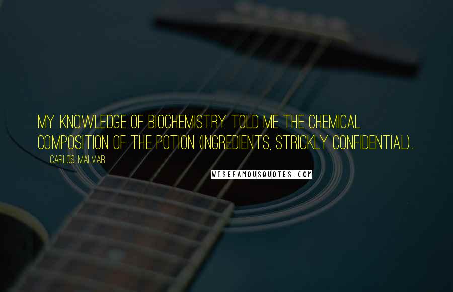 Carlos Malvar Quotes: My knowledge of biochemistry told me the chemical composition of the potion (ingredients, strickly confidential)...