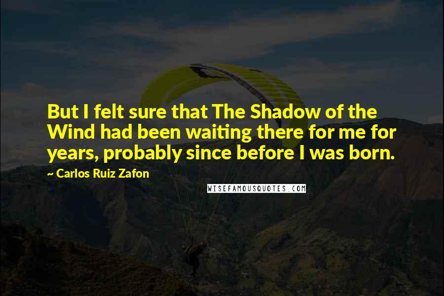 Carlos Ruiz Zafon Quotes: But I felt sure that The Shadow of the Wind had been waiting there for me for years, probably since before I was born.