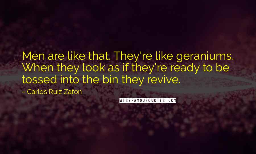 Carlos Ruiz Zafon Quotes: Men are like that. They're like geraniums. When they look as if they're ready to be tossed into the bin they revive.