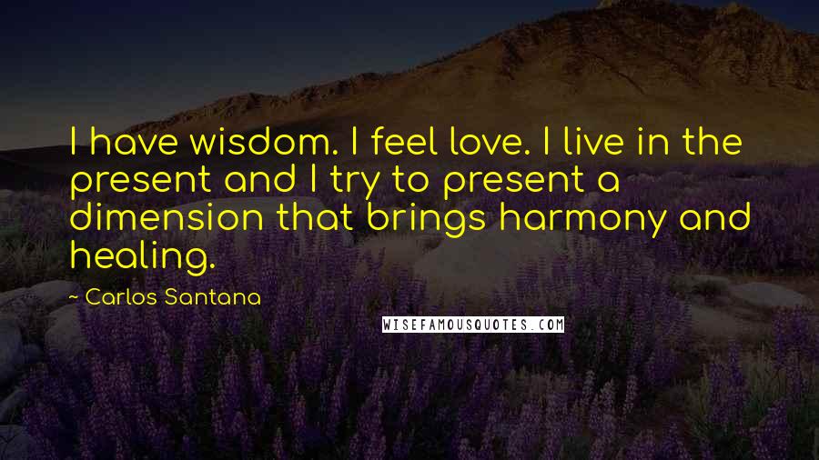 Carlos Santana Quotes: I have wisdom. I feel love. I live in the present and I try to present a dimension that brings harmony and healing.