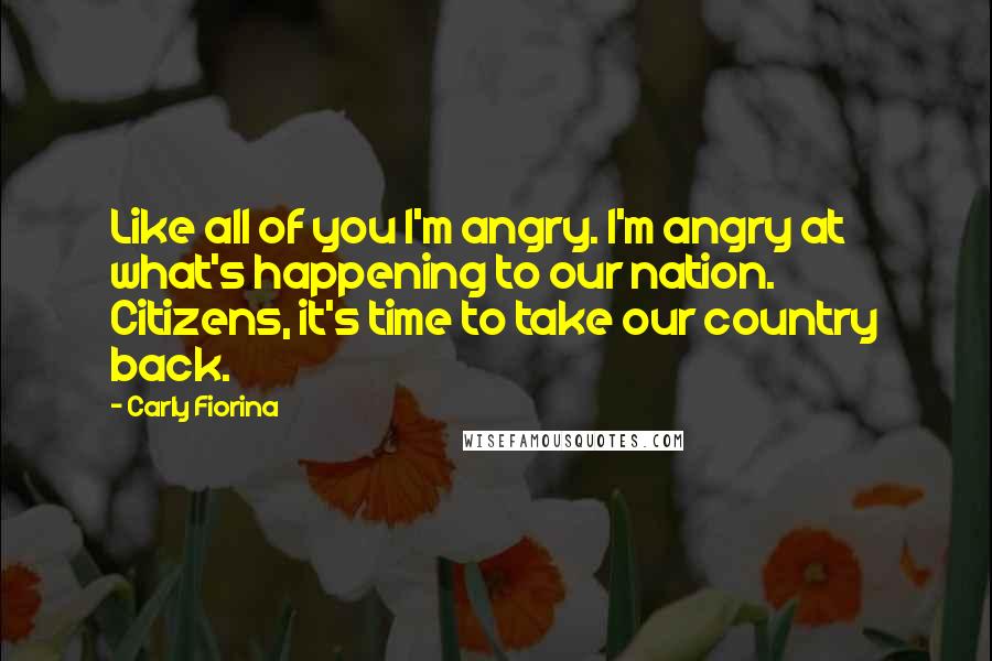 Carly Fiorina Quotes: Like all of you I'm angry. I'm angry at what's happening to our nation. Citizens, it's time to take our country back.