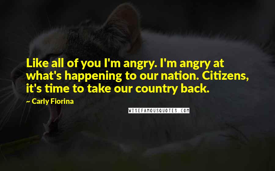 Carly Fiorina Quotes: Like all of you I'm angry. I'm angry at what's happening to our nation. Citizens, it's time to take our country back.