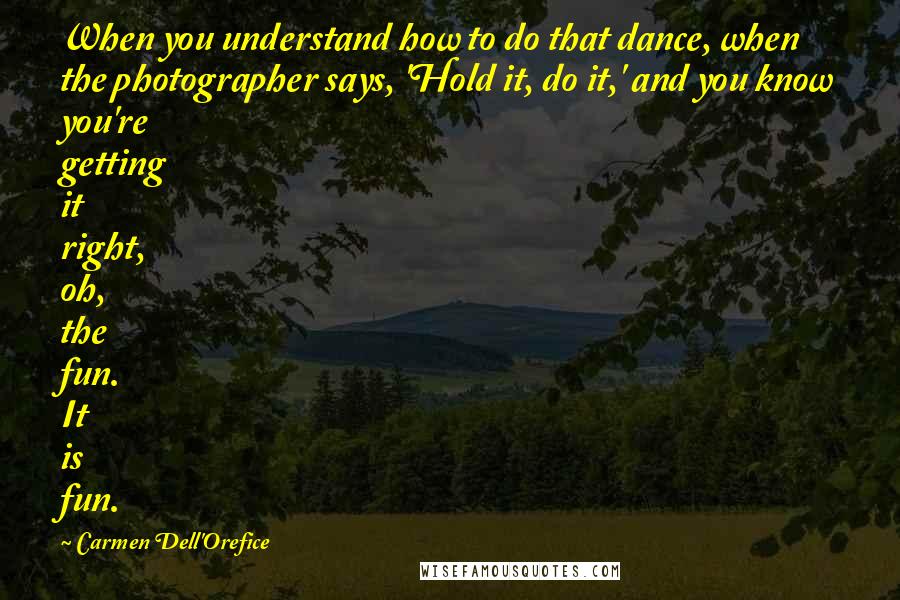 Carmen Dell'Orefice Quotes: When you understand how to do that dance, when the photographer says, 'Hold it, do it,' and you know you're getting it right, oh, the fun. It is fun.