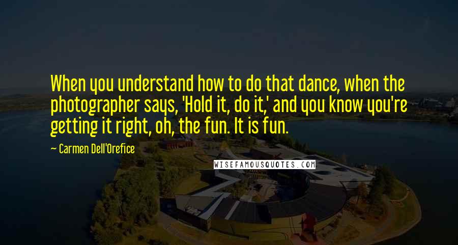 Carmen Dell'Orefice Quotes: When you understand how to do that dance, when the photographer says, 'Hold it, do it,' and you know you're getting it right, oh, the fun. It is fun.