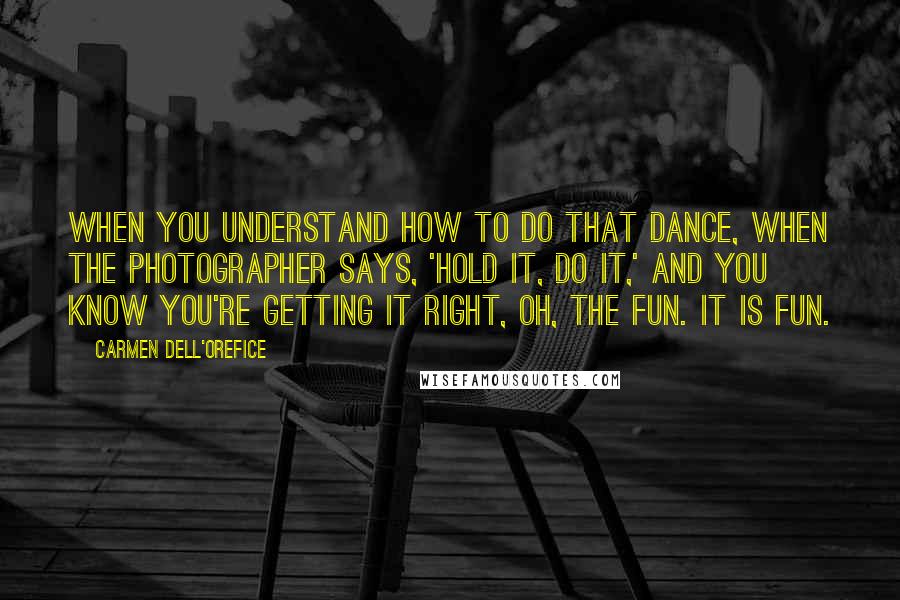 Carmen Dell'Orefice Quotes: When you understand how to do that dance, when the photographer says, 'Hold it, do it,' and you know you're getting it right, oh, the fun. It is fun.