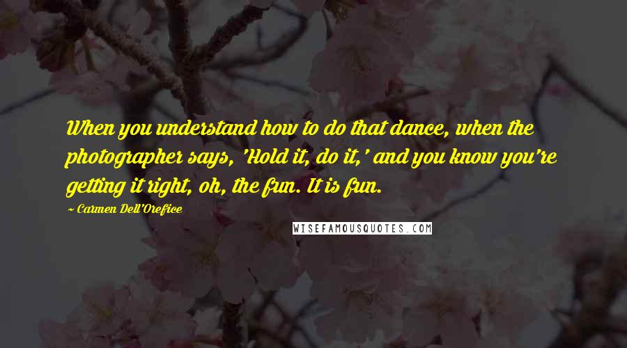 Carmen Dell'Orefice Quotes: When you understand how to do that dance, when the photographer says, 'Hold it, do it,' and you know you're getting it right, oh, the fun. It is fun.