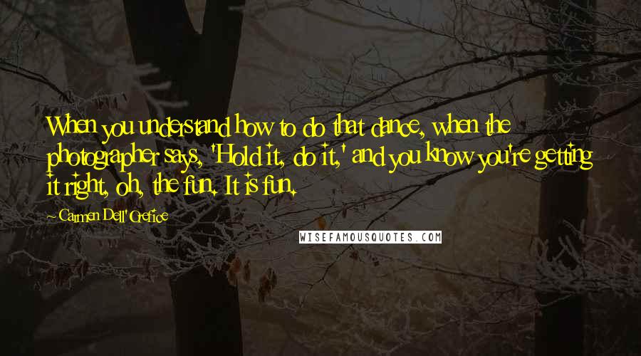 Carmen Dell'Orefice Quotes: When you understand how to do that dance, when the photographer says, 'Hold it, do it,' and you know you're getting it right, oh, the fun. It is fun.