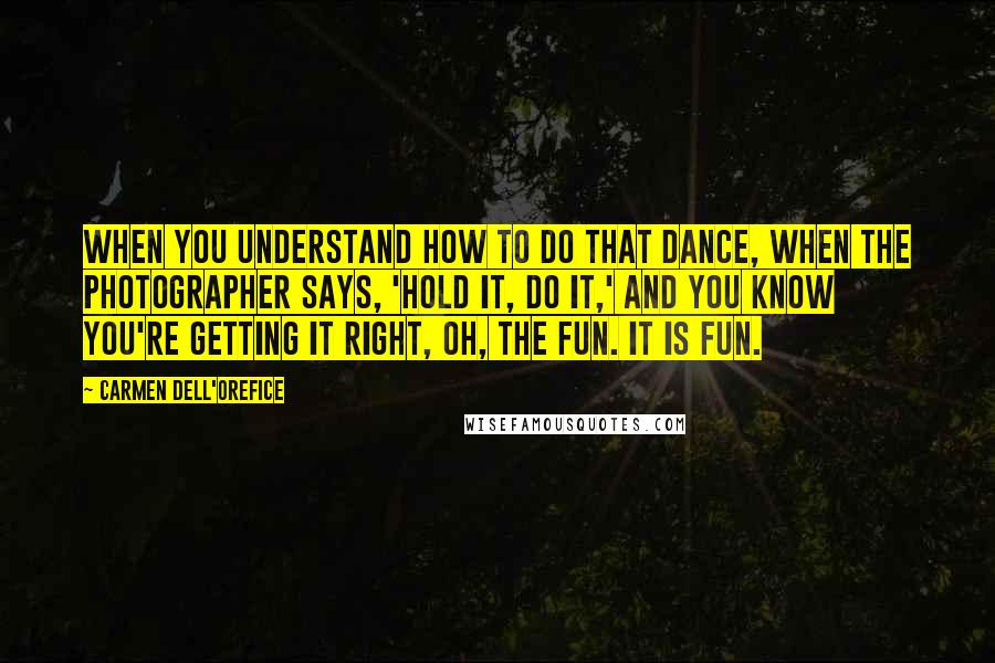 Carmen Dell'Orefice Quotes: When you understand how to do that dance, when the photographer says, 'Hold it, do it,' and you know you're getting it right, oh, the fun. It is fun.